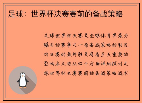 足球：世界杯决赛赛前的备战策略