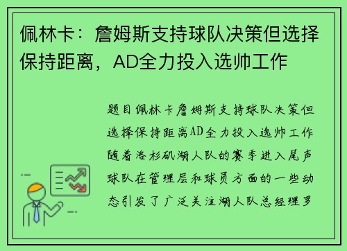 佩林卡：詹姆斯支持球队决策但选择保持距离，AD全力投入选帅工作