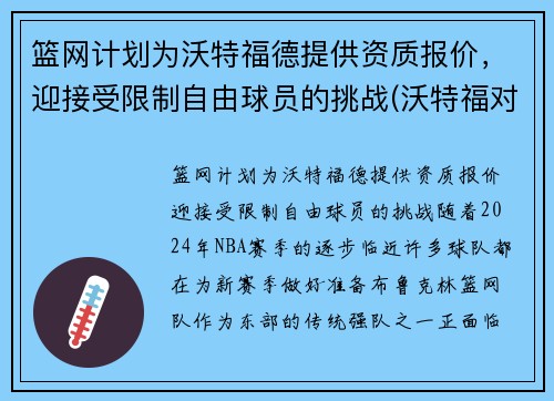 篮网计划为沃特福德提供资质报价，迎接受限制自由球员的挑战(沃特福对狼队)